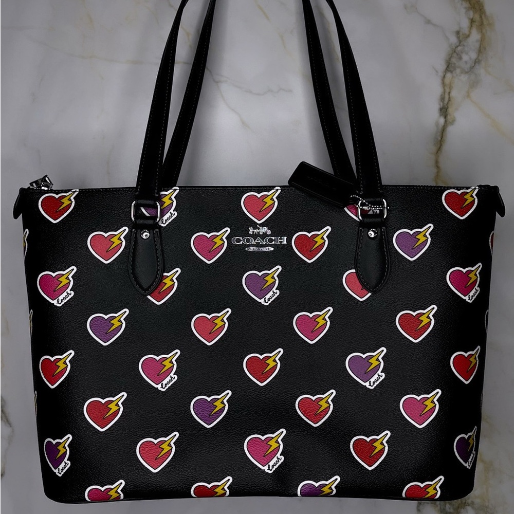 Coach Black Tote with Heart and Lightning Print
